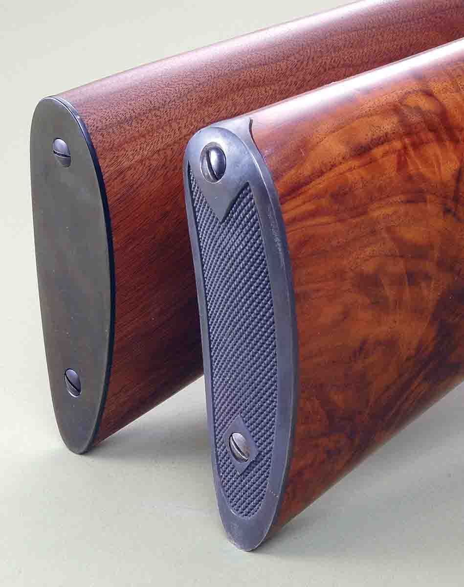 The steel, checkered shotgun-style buttplate (front) is on a Winchester Model 1895 .405. The one at rear was put on Browning/Winchester’s new Model 1895 .405s.